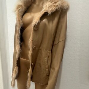 Women's Tan Fox Fur-Trimmed Leather Coat